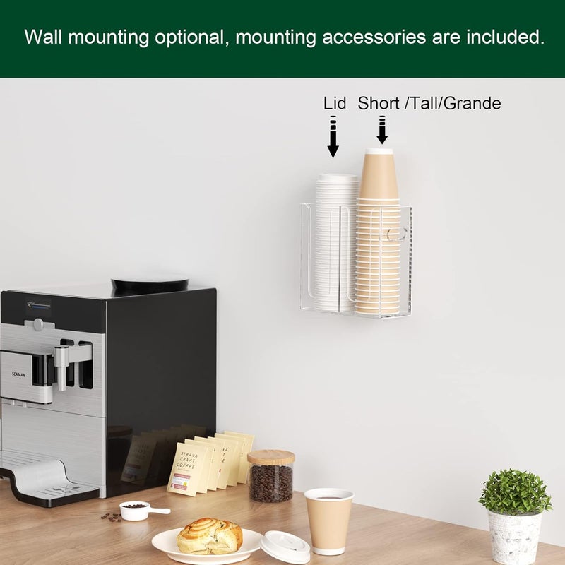 BOSSCASA Disposable Coffee Cup Dispenser with Handles, Countertop or Wall Mount Hot/Cold Drink Cup and Lid Holder - Bathroom/Kitchen/Office Acrylic Cup Lid Storage Organizer (2 Compartments, Clear) - Image 4